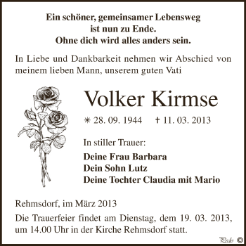 Traueranzeige von Volker Kirmse von Super Sonntag Zeitz