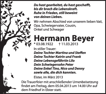 Traueranzeige von Hermann Beyer von WVG - Wochenspiegel Wittenberg