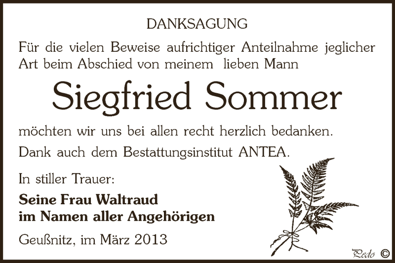 Traueranzeigen von Siegfried Sommer www.abschiednehmen.de