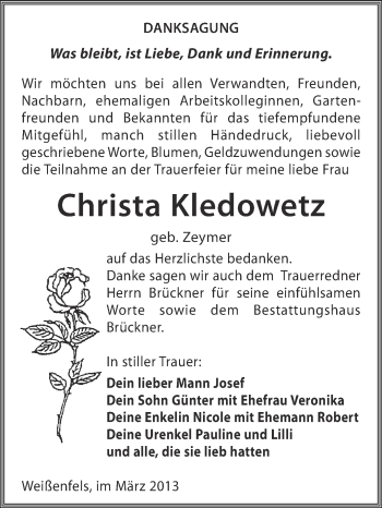 Traueranzeige von Christa Kledowetz von WVG - Wochenspiegel NMB / WSF / ZTZ