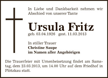 Traueranzeige von Ursula Fritz von Super Sonntag Bernburg