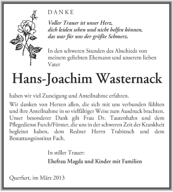 Traueranzeige von Hans-Joachim Wasternack von WVG - Wochenspiegel Merseburg