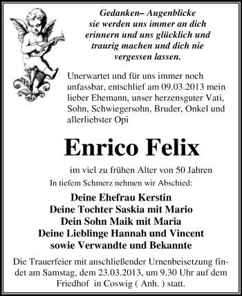 Traueranzeige von Enrico Felix von Super Sonntag Dessau / Köthen