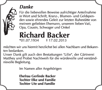 Traueranzeige von Richard Backer von Super Sonntag Dessau / Köthen