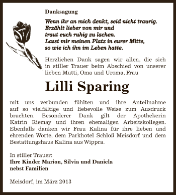 Traueranzeige von Lilli Sparing von Super Sonntag SGH Mansf. Land