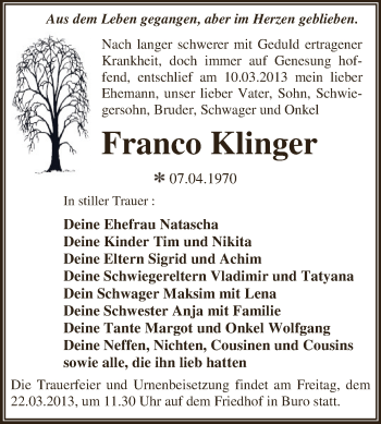 Traueranzeige von Franco Klinger von WVG - Wochenspiegel Dessau / Köthen