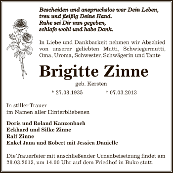 Traueranzeige von Brigitte Zinne von WVG - Wochenspiegel Dessau / Köthen