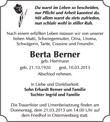 Traueranzeige von Berta Berner von Super Sonntag Dessau / Köthen