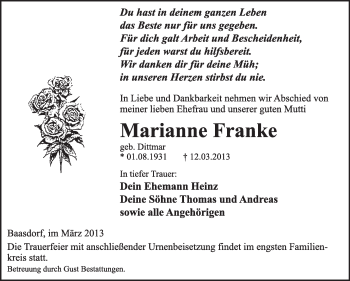 Traueranzeige von Marianne Franke von Super Sonntag Dessau / Köthen