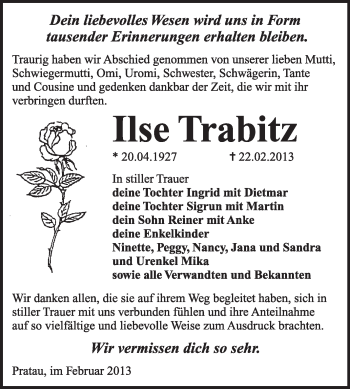 Traueranzeige von Ilse Trabitz von Super Sonntag Wittenberg
