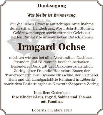 Traueranzeige von Irmgard Ochse von WVG - Wochenspiegel Bitterfeld