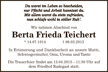 Traueranzeige von Berta Frieda Teichert von WVG - Wochenspiegel Bitterfeld