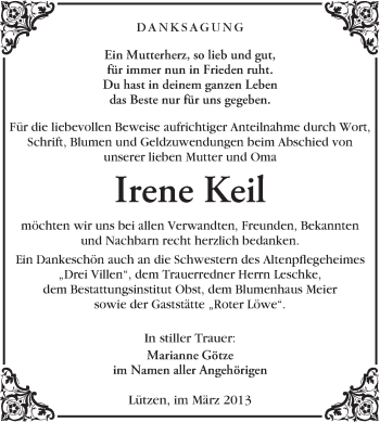 Traueranzeige von Irene Keil von Super Sonntag Merseburg