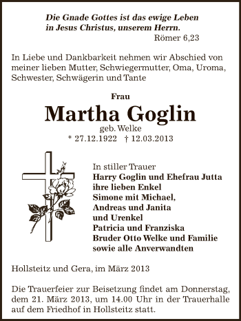 Traueranzeige von Martha Goglin von Super Sonntag Zeitz