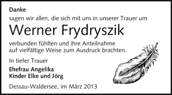 Traueranzeige von Werner Frydryszik von Super Sonntag Dessau / Köthen