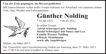 Traueranzeige von Günther Nolding von Super Sonntag Aschersleben