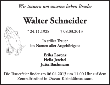 Traueranzeige von Walter Schneider von Super Sonntag Dessau / Köthen