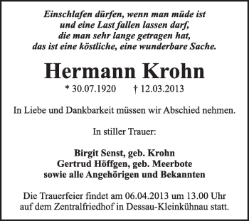 Traueranzeige von Hermann Krohn von Super Sonntag Dessau / Köthen