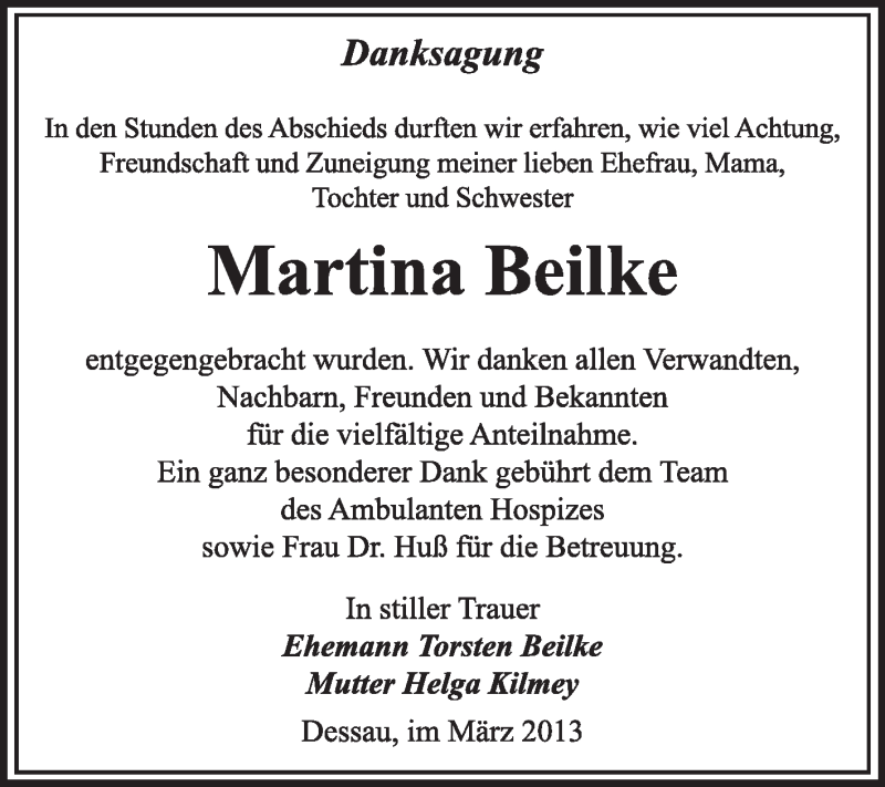  Traueranzeige für Martina Beilke vom 17.03.2013 aus Super Sonntag Dessau / Köthen