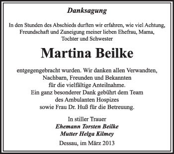 Traueranzeige von Martina Beilke von Super Sonntag Dessau / Köthen