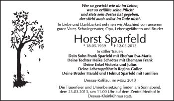 Traueranzeige von Horst Sparfeld von Super Sonntag Dessau / Köthen
