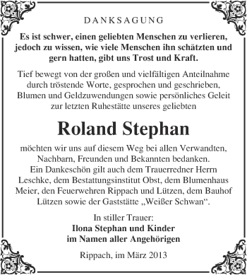 Traueranzeige von Roland Stephan von Super Sonntag Merseburg