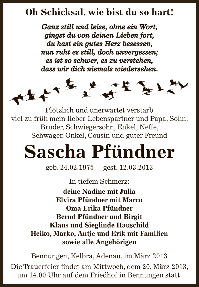  Traueranzeige für Sascha Pfündner vom 17.03.2013 aus Super Sonntag SGH Mansf. Land
