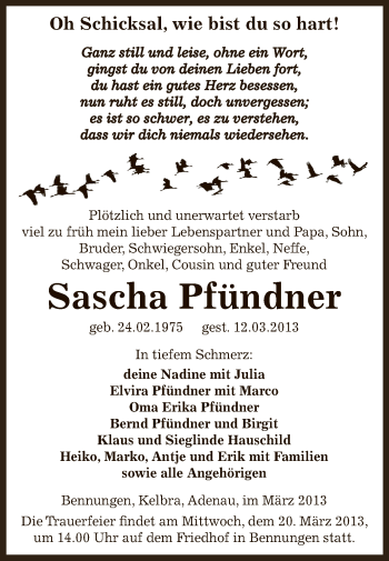 Traueranzeige von Sascha Pfündner von Super Sonntag SGH Mansf. Land