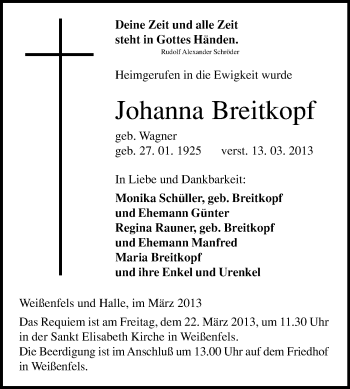 Traueranzeige von Johanna Breitkopf von WVG - Wochenspiegel NMB / WSF / ZTZ