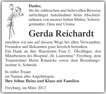 Traueranzeige von Gerda Reichardt von WVG - Wochenspiegel NMB / WSF / ZTZ