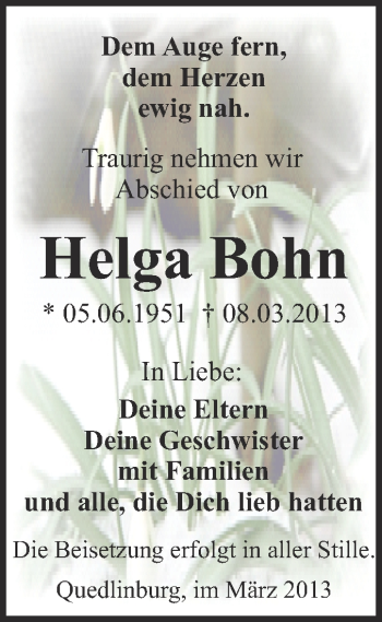 Traueranzeige von Helga Bohn von WVG - Wochenspiegel Quedlinburg