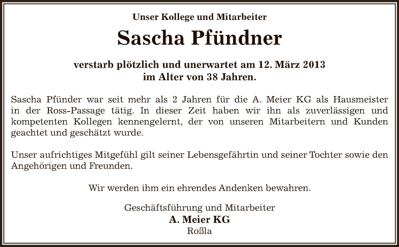  Traueranzeige für Sascha Pfündner vom 17.03.2013 aus Super Sonntag SGH Mansf. Land