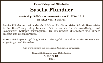 Traueranzeige von Sascha Pfündner von Super Sonntag SGH Mansf. Land