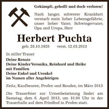 Traueranzeige von Herbert Puchta von Super Sonntag Zeitz
