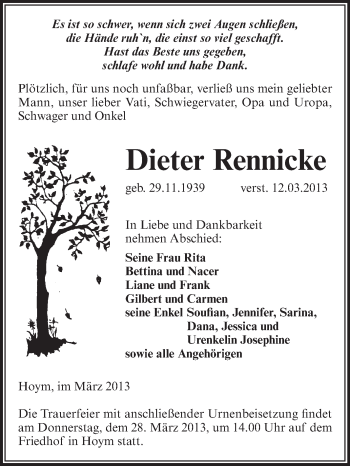 Traueranzeige von Dieter Rennicke von Super Sonntag Aschersleben