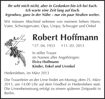 Traueranzeige von Robert Hoffmann von WVG - Wochenspiegel Quedlinburg