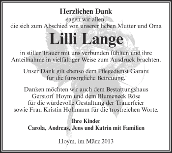 Traueranzeige von Lilli Lange von Super Sonntag Aschersleben