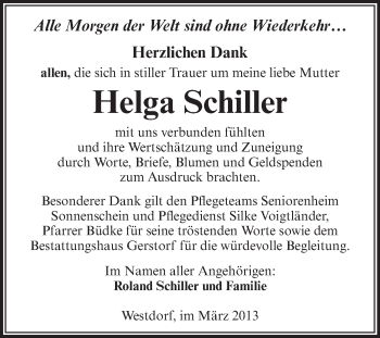 Traueranzeige von Helga Schiller von Super Sonntag Aschersleben