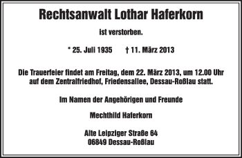 Traueranzeige von Lothar Haferkorn von Super Sonntag Dessau / Köthen