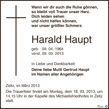 Traueranzeige von Harald Haupt von Super Sonntag Zeitz