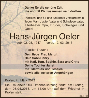 Traueranzeige von Hans-Jürgen Oeler von Super Sonntag Zeitz