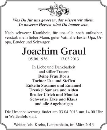 Traueranzeige von Joachim Graul von WVG - Wochenspiegel NMB / WSF / ZTZ
