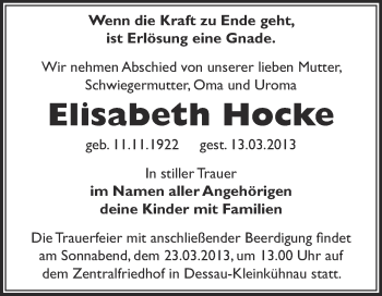 Traueranzeige von Elisabeth Hocke von WVG - Wochenspiegel Dessau / Köthen