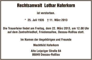 Traueranzeige von Lothar Haferkorn von WVG - Wochenspiegel Dessau / Köthen