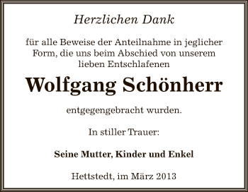 Traueranzeige von Wolfgang Schönherr von Wochenspiegel Mansfelder Land