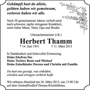 Traueranzeige von Herbert Thamm von Super Sonntag Dessau / Köthen