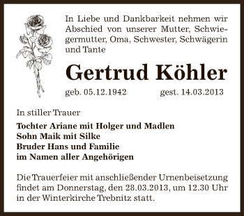 Traueranzeige von Gertrud Köhler von Super Sonntag Bernburg