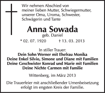 Traueranzeige von Anna Sowada von WVG - Wochenspiegel Wittenberg