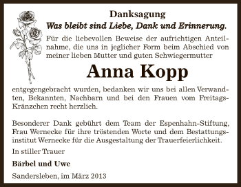 Traueranzeige von Anna Kopp von Wochenspiegel Mansfelder Land