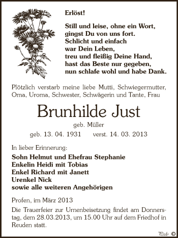 Traueranzeige von Brunhilde Just von Super Sonntag Zeitz